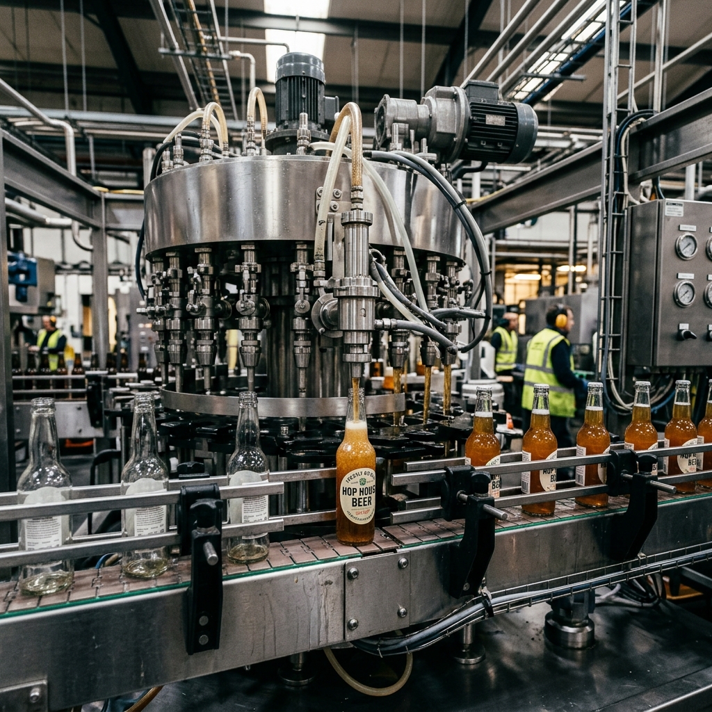 Industrial filling and bottling machine in operation