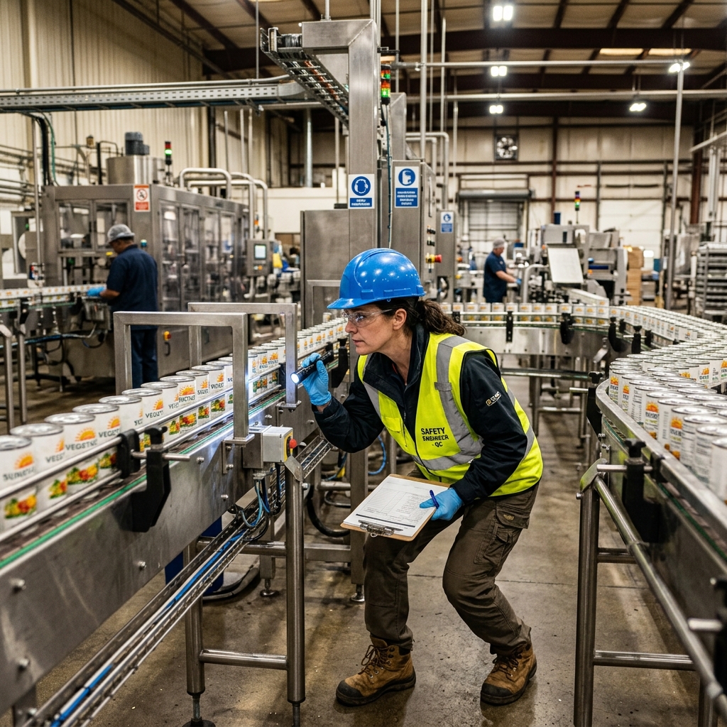 Engineer inspecting quality on industrial canning line