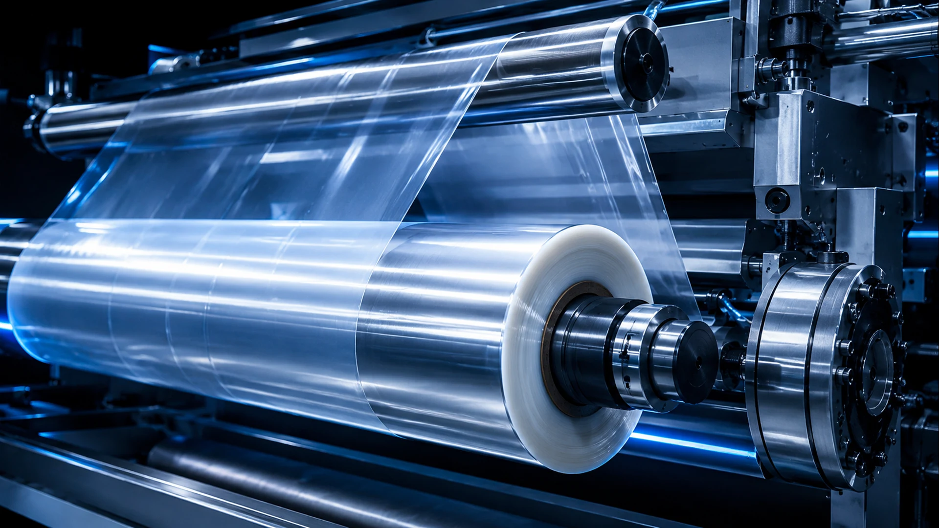 Plastic film roll converting and extrusion machinery line