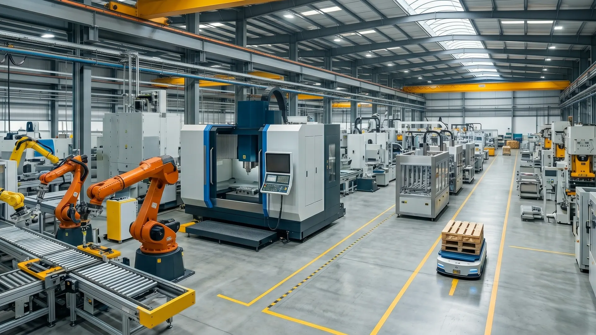 Modern automated industrial factory with robotic arms and CNC machinery