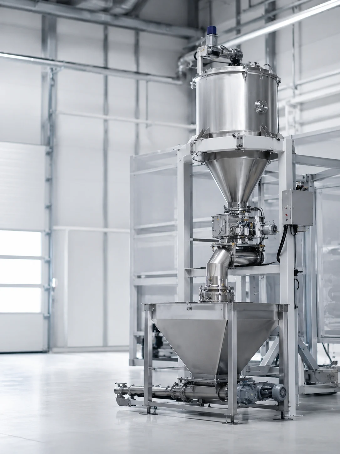 Industrial material dosing equipment in a modern factory